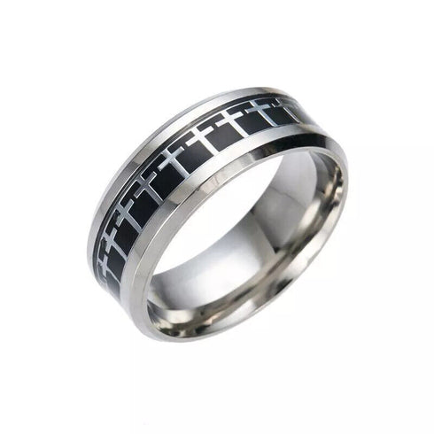Men 8mm Titanium Steel Beveled Edge Black Cross Pattern Comfort-Fit Wedding Band